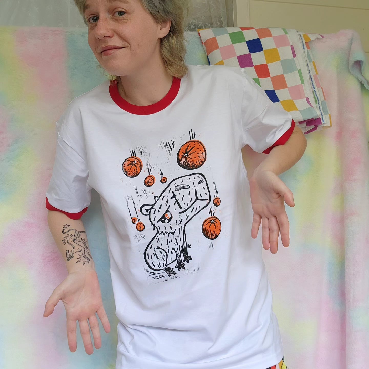 Linoprinted capybara shirt